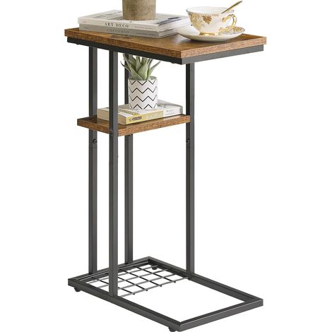 Table d’appoint Basse, Bout de Canapé, Forme C à 2 Étages, Rangement, Structure en Métal, Style Industriel pour Salon, Chambre, Balcon, Bureau, 40 x 26 x 61.5 CM, Marron et Noir (1/5)