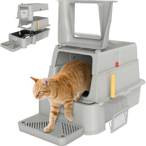 PawHut arenero para gatos de acero inoxidable XL, con tapa abatible 180°, laterales altos, pedal, pala, fácil de limpiar, antifugas, gris claro