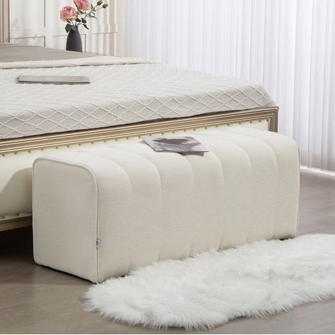 Banco de cama 110x40x44 cm con estructura de madera, crema, asiento cómodo FloraGrace (1/5)