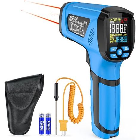 Infrared Thermometer, Laser Thermometer and Probe, -40°C 1600°C (-40℉ 2912℉) Contactless IR Temperature Gun Digital LCD Alarm and Emissivity Adjustable for Industrial Kitchen Pizza (1/5)