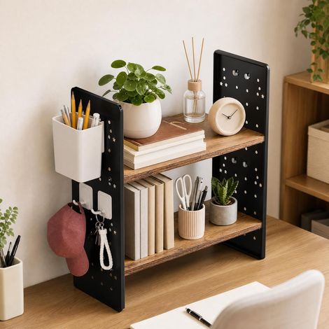 H.J WeDoo Étagère de Table à 2 Niveaux/Organisateur de Bureau avec Crochets et bacs de Rangement Étagère de Cuisine pour Bureau, Chambre et Cuisine Noir, 40 × 15 × 40 cm (1/5)