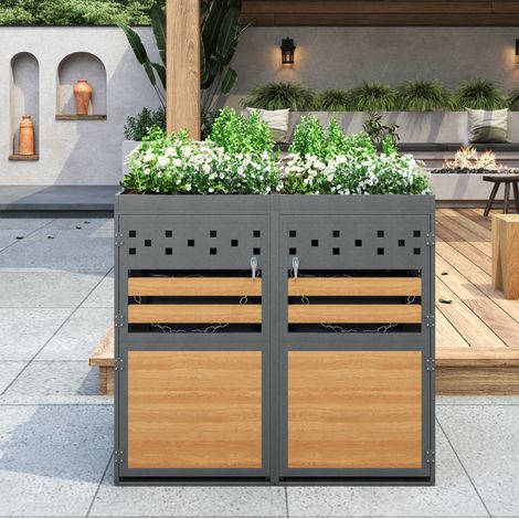Cache-papeleras 2 unidades con techo plantable, para 2 cubos de 120 a 240 L, antracita OKMYHOME (1/5)