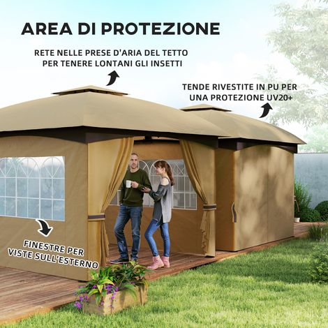 Gazebo de jardin 3,4 x 3,4 m avec parois, protection UV et toit à deux niveaux, beige (1/5)
