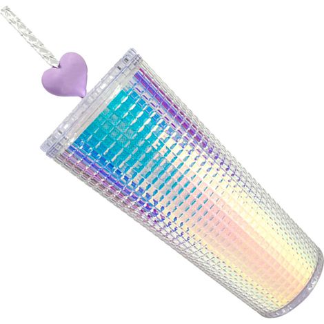 Glitzernde Wasserflasche, doppelwandig, mit Strohhalm, herzförmiger Wasserbecher mit großem Fassungsvermögen und Deckel, Weithalslaser (1/5)