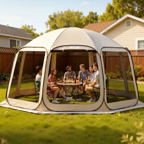 Carpa Plegable, Polígono de 8 Lados, 4500 x 4250 x 2450 mm, para 12-15 Personas, con Bolsa de Transporte, Laterales de Malla y Estacas para el Suelo, para Actividades al Aire Libre, Beige (1/5)