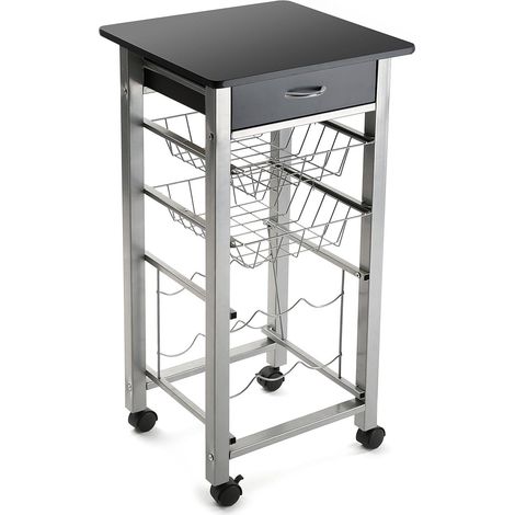 Carrello da Cucina con Piano Lavoro nero Cassetto Ripiano e Porta Bottiglie Carrello 4 ruoteMultifunzionale in Legno e Metallo