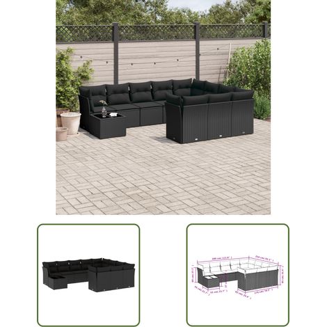 The Living Store Salon de jardin 11 pcs avec coussins noir résine tressée - Ensemble Salon De Jardin - Mobilier De Jardin - Salon De Jardin - Résine Tressée - Rotin Synthétique (1/3)