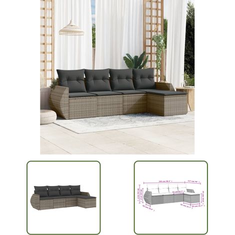 The Living Store Salon de jardin 5 pcs avec coussins gris résine tressée - Ensemble Salon De Jardin - Mobilier Extérieur - Résine Tressée - Rotin Synthétique - Chaise Lounge (1/3)