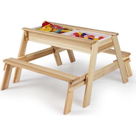 COSTWAY Kids Picnic Table 4 in 1 Wooden Table& Bench Set w/Removable Top-Natural (1/5)