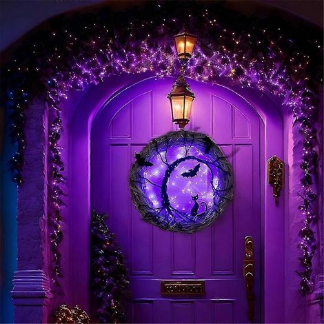 Couronne d'Halloween pour porte d'entrée, couronne lumineuse chauve-souris et chat de 30 cm