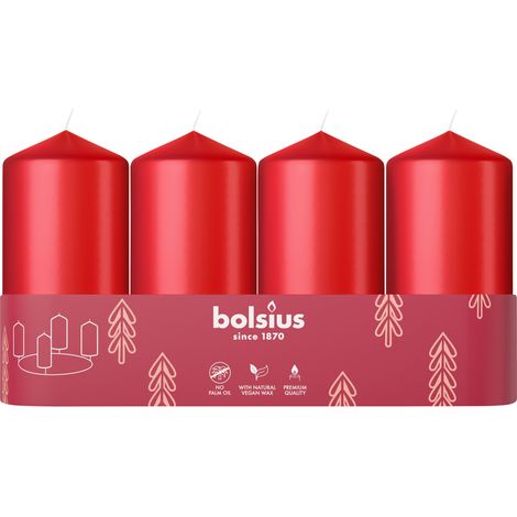 Bolsius Stumpenkerzen 4er Tray Ø 4,8 x 10 cm zartes rot Stumpenkerze