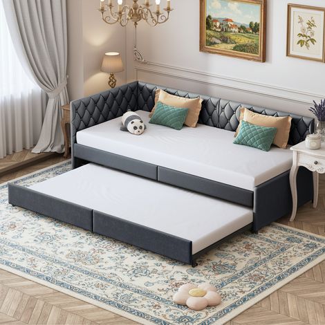 Divano letto estraibile con ruote 90/180 x 200 cm, 2 posti, rivestimento in velluto, schienale imbottito e rete a doghe, grigio (1/5)
