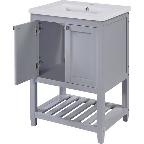 Waschtischunterschrank mit 1 Waschbecken und Offenem Fach, Standmodell, aus Massivholz und MDF, Grau Weiss (1/5)