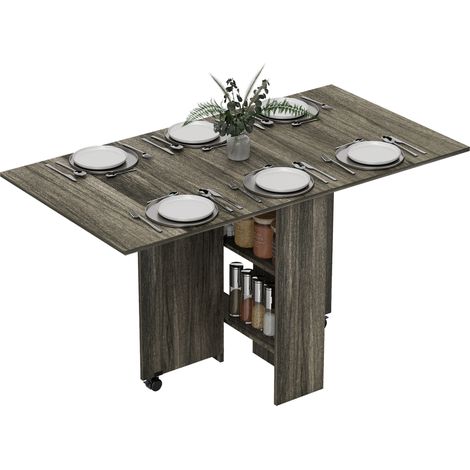 Table à abattants avec 2 étagères inférieures pour 6 personnes maximum, en bois, 140 x 75 x 74 cm, grise (1/5)