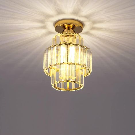 Lámpara de techo de cristal moderna, lámpara de araña de cristal semiempotrada, lámpara de techo de metal E27 para sala de estar, dormitorio y pasillo (dorada)