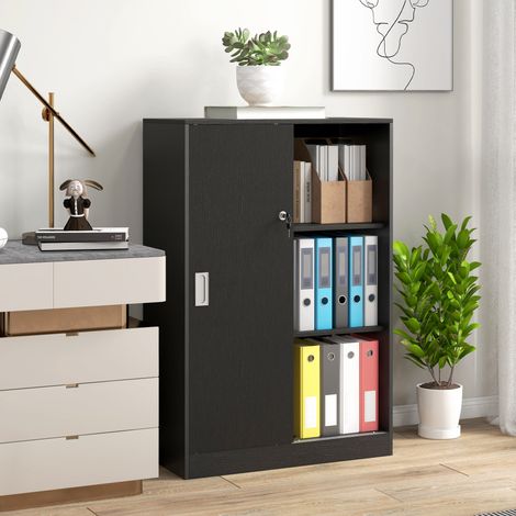 Noire - Armoire de bureau double porte verrouillable, 3 étagères, meuble en bois polyvalent pour étude, salon et garage, rangement sécurisé