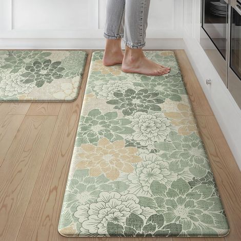Kitchen floor mat, absorbent and non-slip PVC mat, oil-resistant, washable, long strip mat for winter entryway - Floral design - light green - 441501.0cm