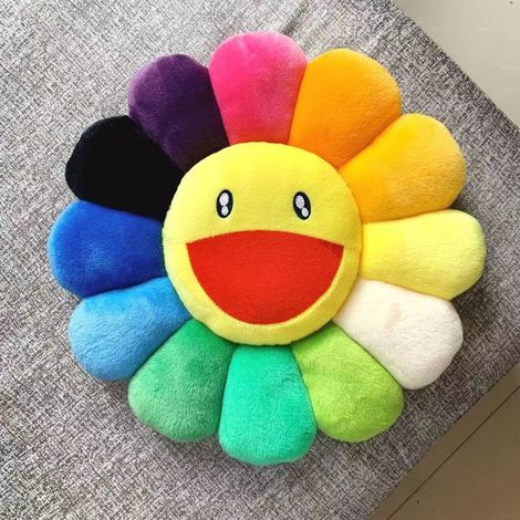 Coussin décoratif en peluche colorée à motif floral arc-en-ciel jaune - 40 cm