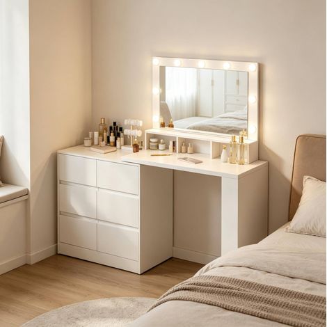 Coiffeuse d’angle 170x134.5x40 cm blanche en bois d’ingénierie avec miroir LED réglable et 6 tiroirs (1/5)