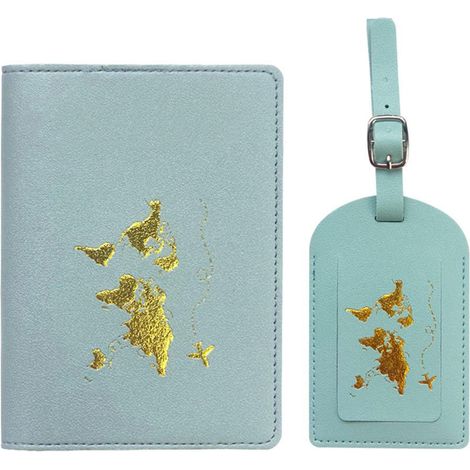 Lot étiquette de bagages et housse de passeport en cuir PU, étiquettes valise carte monde, porte-passeport, cadeau voyage (1/5)