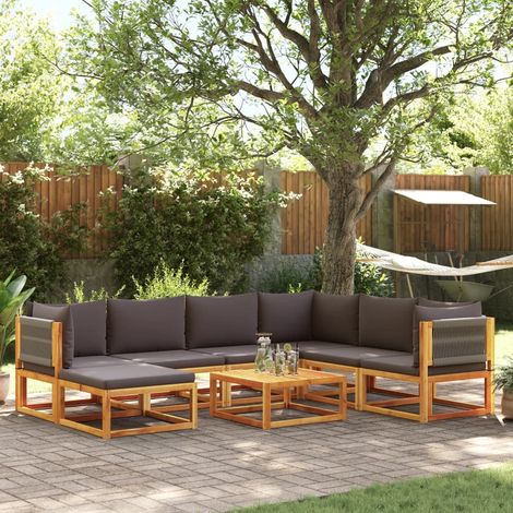 Salon de Jardin 8 Pièces Ensemble Canapés en Bois d'Acacia et Corde Tressée avec Coussins Gris - PANGIVO (1/5)