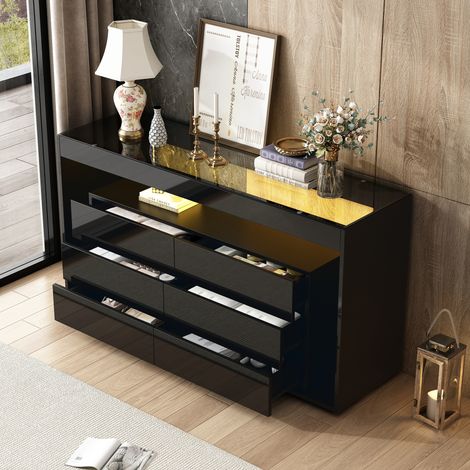 Credenza nera con 6 cassetti grandi, credenza LED lucida, piano in vetro temperato, design a doppio strato, 140x40x70 cm
