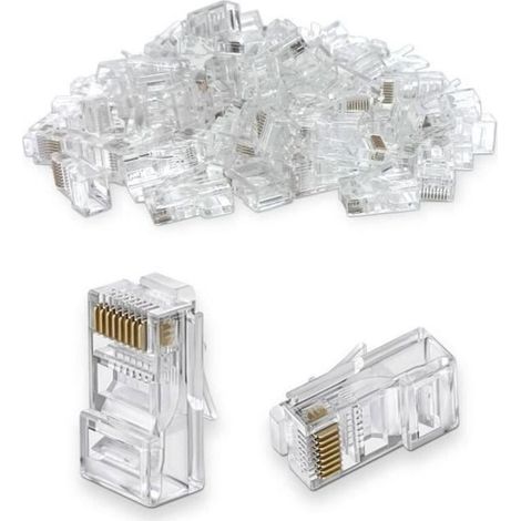 Connecteurs RJ45 Cat6 non blindé 37122 Fiche R45 A Sertir pour tout Câble Réseau, Lot de 100 Connecteurs (1/3)