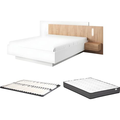 Lit avec chevets 160 x 200 cm - 2 tiroirs - Avec LEDs - Blanc et naturel + Sommier + Matelas - FRANCOLI (1/5)