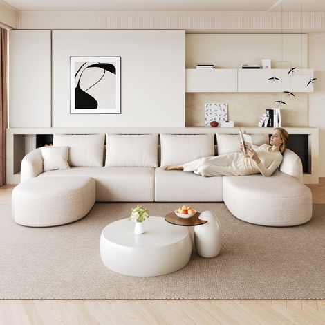 Canapé d’angle en U 336 cm blanc en tissu chenille modulaire sans montage (1/5)