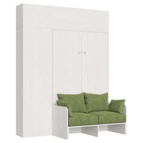 Letto una piazza e mezzo a scomparsa 120 Kentaro con divano e mobili bianco frassino, verde