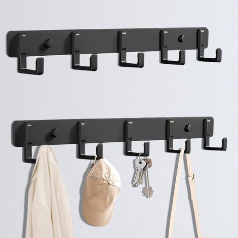 Set mit 2 schwarzen Wandgarderobenständern mit je 5 Haken – Tragkraft 15 kg – Rostfreie Kleiderhaken mit Schrauben für Mäntel und Handtücher