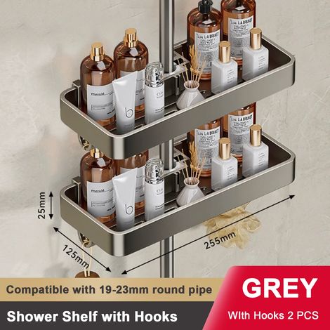 (Lot de 2 gris) Étagère de douche sans perçage avec porte-serviettes, porte-savon et porte-shampoing pour WC, organisateur de salle de bain en aluminium massif (1/5)