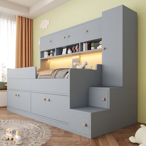 Lit mezzanine 90x200 cm - Lit simple avec rangement, armoire, étagères, LED, échelle de rangement et barrières, gris (1/5)
