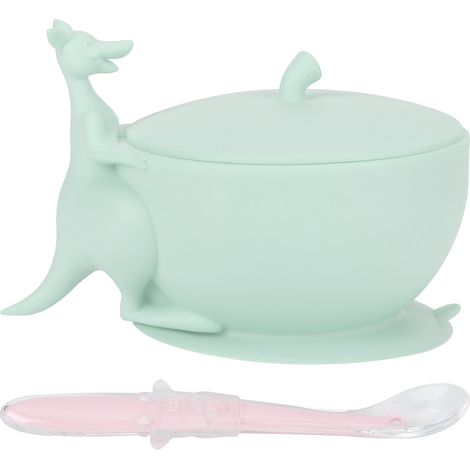 Lot de bol et cuillère d'alimentation bébé en silicone mignon, vert clair, avec base antidérapante à succion, vaisselle non glissante pour nourrisson (1/5)