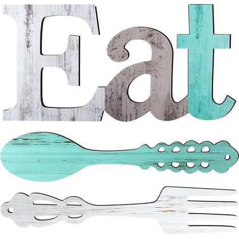 BEBUSINGOTO EAT-Schilder-Set, Gabel- und Löffel-Wanddekoration, rustikales Holzdekor, süße Buchstaben für Küche und Zuhause, dekorative Holzbuchstaben zum Aufhängen (1/5)