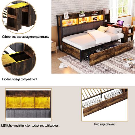 Canapé-lit 90x200cm - Avec rangement - 2 tiroirs et prises - Avec LED - Bureau coulissant - Naturel(matelas non inclus)