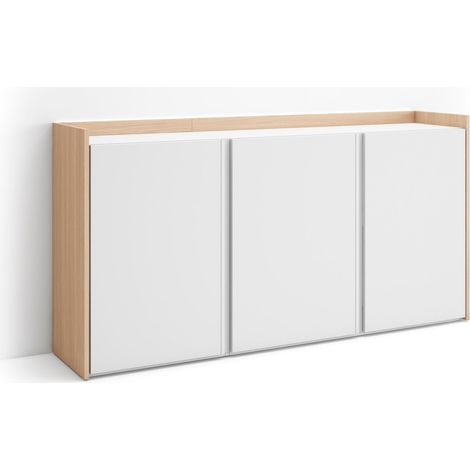 Skraut Home - Credenza, Mobile, Cucina, Madia, mobile ingresso, 156x35x80cm, 3 Porte, LED, Stile moderno, Bianco e Rovere soft (1/5)