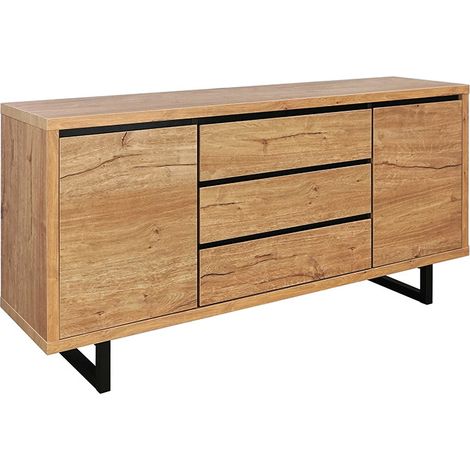 Buffet 2 portes 3 tiroirs en panneaux de particules et métal – Dimensions L. 150 x l. 39,5 x H. 76,2 cm – Rangement pratique et moderne (1/5)