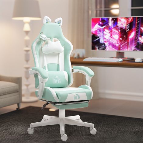 Similicuir, repose-pieds, appuie-tête, soutien lombaire et cervical  Fauteuil de jeu ergonomique avec oreilles de chat bleu