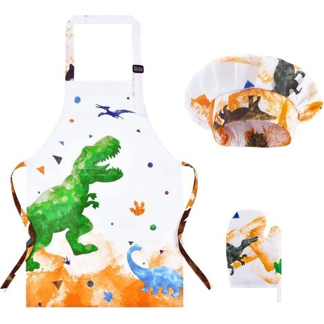 Tablier Ensemble pour Garçons -Imperméables Tablier de Cuisine Enfants Réglable avec Chapeau, Gant de Cuisine pour Enfant Peinture Jardinage (Très Petit,2-5 Ans) (1/5)