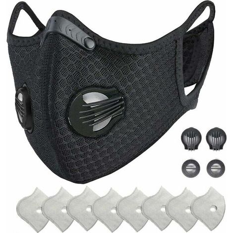 Masque de protection réutilisable contre la poussière, taille M, avec filtre à charbon actif et valves, adapté pour moto, cyclisme, course à pied et activités de plein air : 1 noir + 8 filtres (1/5)
