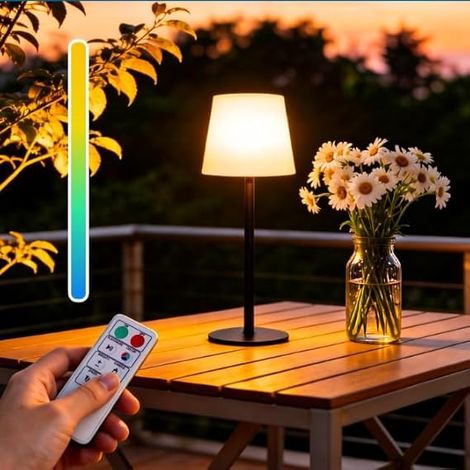 Lampe de Table Solaire D'extérieur Rechargeable, Chaude et RGB à Intensité Variable, Lampe de Table Solaire Portable Avec Capteur de Lumière et Télécommande pour Jardin, Terrasse, Camping (1/5)
