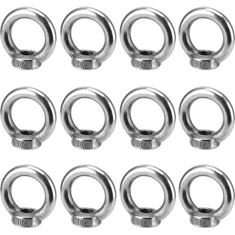 Lot de 12 écrous à œillet de levage M10 304 en acier inoxydable en forme d'anneau - Vis à œil filetées femelles pour accessoires de levage (1/5)