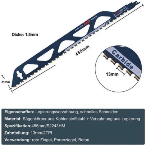 NALOOKAMIC Lame de scie sabre en acier au carbure de tungstène pour métal, bois, pierre, accessoires de scie sabre pour béton cellulaire, brique, béton, plaque de ciment, longueur (455mm (S2243HM)),