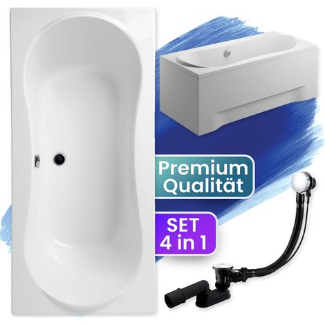 Badewanne Rechteck 170x80 mit AcrylSchürze, Ablaufgarnitur & Füßen GRATIS - Komplettset 4in1 Original Acryl Wanne Siphon - BADLAND LONG (1/5)