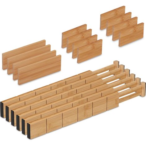 Relaxdays Schubladentrenner, 18-tlg. Set, verstellbare Länge von 43,5 bis 57 cm, Bambus, Schubladenteiler Küche, natur