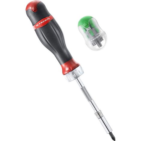 Facom – Tournevis à cliquet porte-embouts 45 dents – Vissage rapide en série – Manche ergonomique bi-matière – Adaptateur magnétique puissant