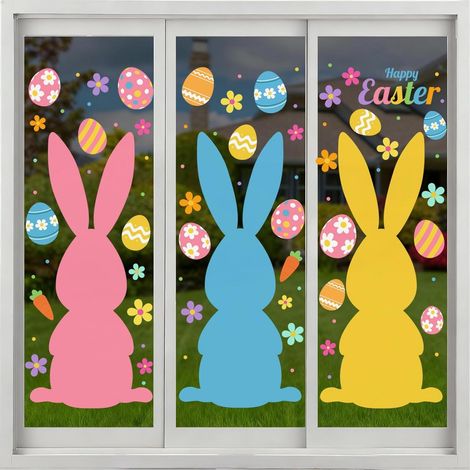 Lot de 3 feuilles de décorations adhésives extra larges pour fenêtres, motif lapin de Pâques coloré avec autocollants fleurs et œufs. Décorations statiques pour vitres, maison et fêtes de Pâques. (1/5)