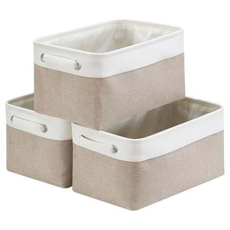 Panier de Rangement Lot de 3, boites de Rangement en Tissu avec Poignée pour Étagères, Placard, Jouets (Pliable, Blanc Kaki Clair) (1/4)