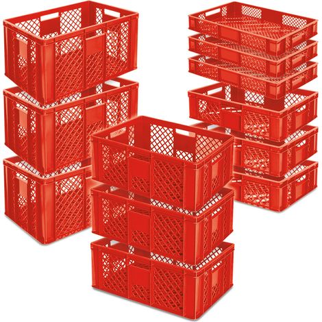 BRB 12x Stapelkorb / Bäckerkisten in 4 Größen, Grundmaß LxB 600x400 mm, H 90 mm, 150 mm, 240 mm, 320 mm, Farbe rot